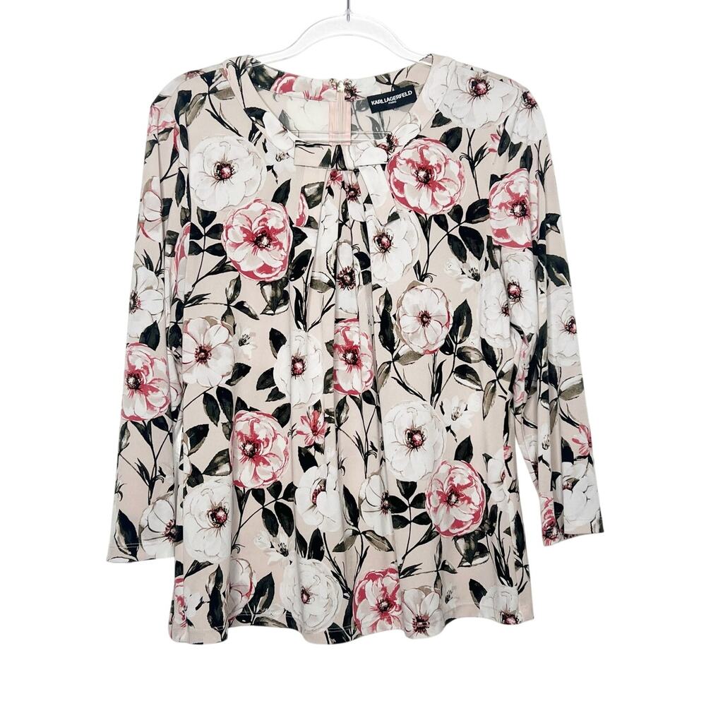 Karl Lagerfeld Cream Floral Pleated Bow detail Blouse with Pink Accents